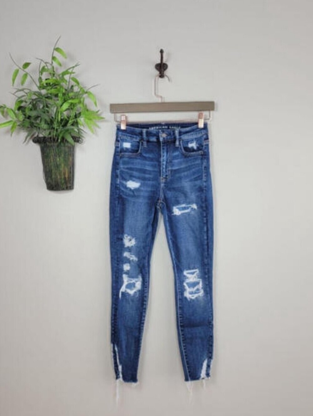 AE 2 American Eagle Skinny Jeans Super Hi Rise Jegging Distressed Frayed Blue